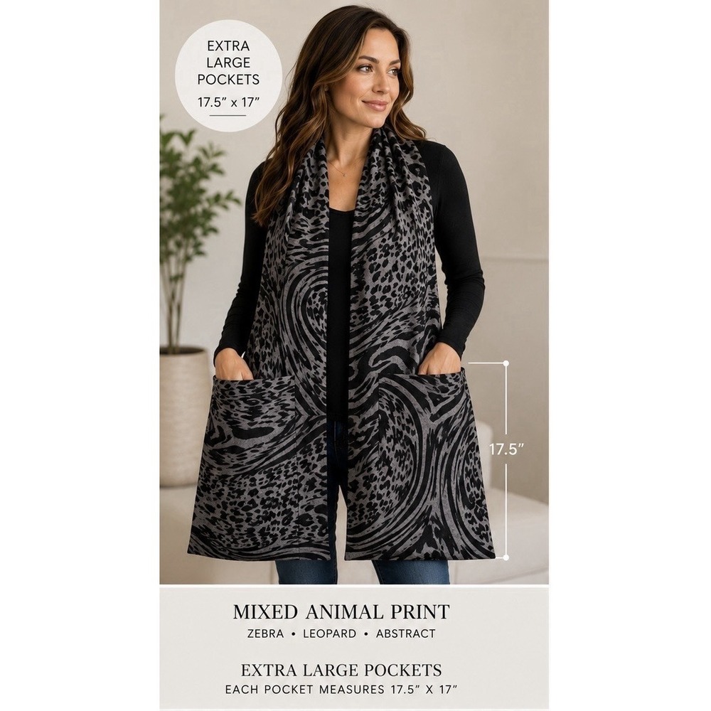 Gray & Black Tiger Leopard Zebra Print Pocket Scarf Wrap Infinity‎ Travel